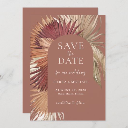 Boho Tropical Fan Palms Bruiloft Save the Date (Voorkant / Achterkant)