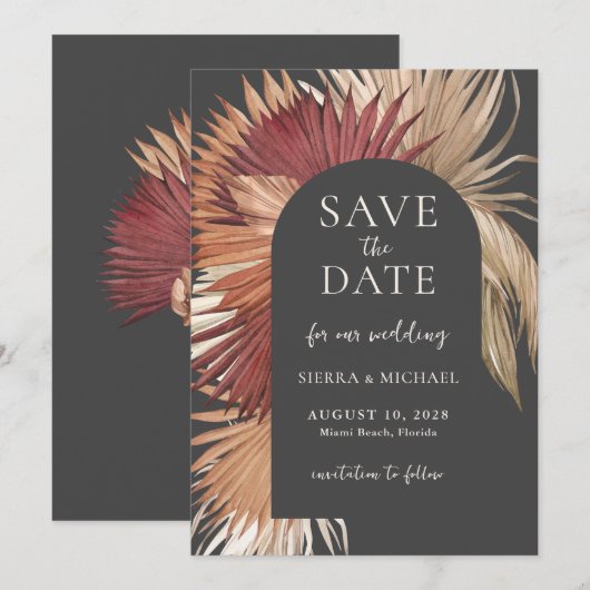 Boho Tropical Fan Palms Bruiloft Save the Date (Voorkant / Achterkant)