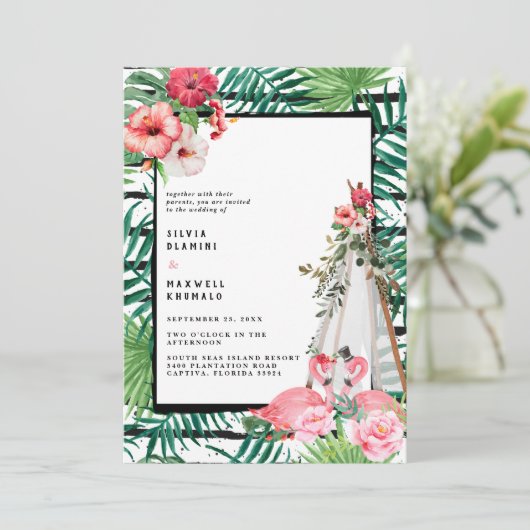 Boho Tropical Flamingo Wedding Invitation Save The Date (Staand voorkant)