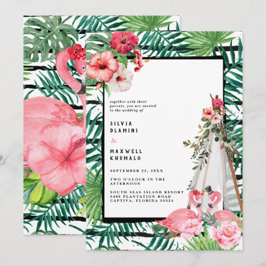 Boho Tropical Flamingo Wedding Invitation Save The Date (Voorkant / Achterkant)