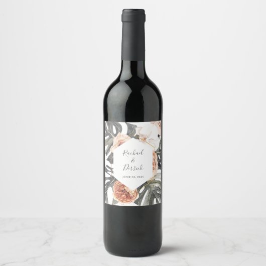 Boho Tropical Floral Beach Wedding Wijn Etiket (Voorkant)