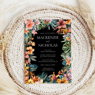 Boho Tropical Floral Black Huwelijksuitnodiging Kaart