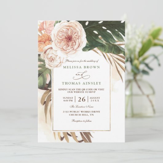 Boho Tropical Floral Desert Chic QR Code Wedding Kaart (Staand voorkant)