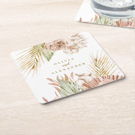 Boho Tropical Floral en Palm bruiloft Kartonnen Onderzetters (Schuin)