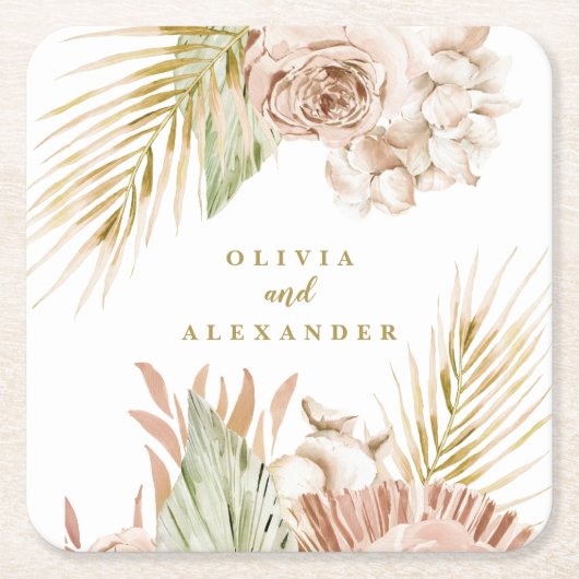 Boho Tropical Floral en Palm bruiloft Kartonnen Onderzetters (Voorkant)