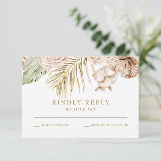Boho Tropical Floral en palm terracotta bruiloft RSVP Kaartje (Staand voorkant)