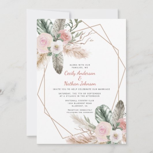 Boho Tropical Floral Feathers Pampas Grass Kaart (Voorkant)