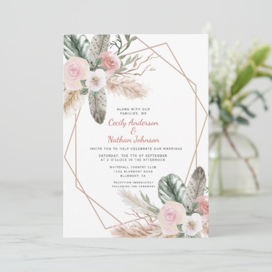 Boho Tropical Floral Feathers Pampas Grass Kaart (Staand voorkant)