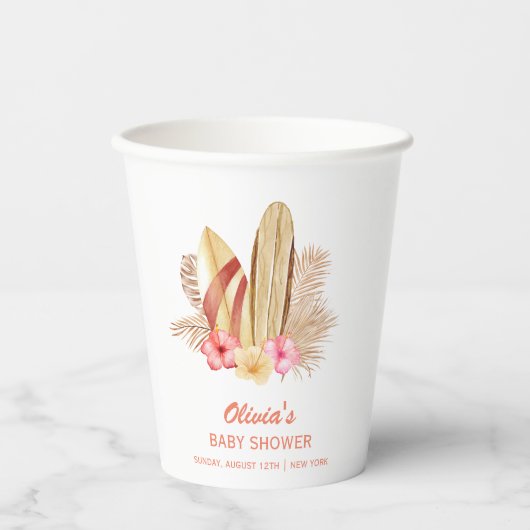 Boho Tropical Flower SurfIng Baby shower Papieren Bekers (Voorkant)