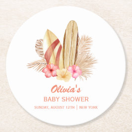 Boho Tropical Flower SurfIng Baby shower Ronde Kartonnen Onderzetter