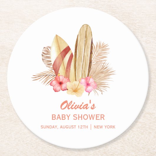 Boho Tropical Flower SurfIng Baby shower Ronde Kartonnen Onderzetter (Voorkant)