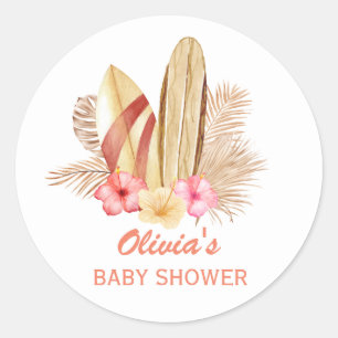 Boho Tropical Flower SurfIng Baby shower Ronde Sticker