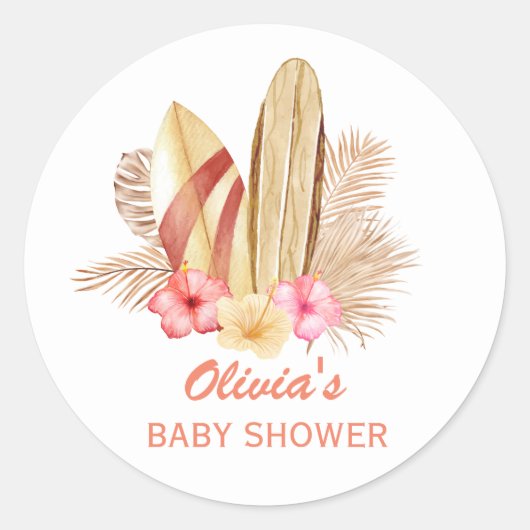 Boho Tropical Flower SurfIng Baby shower Ronde Sticker (Voorkant)