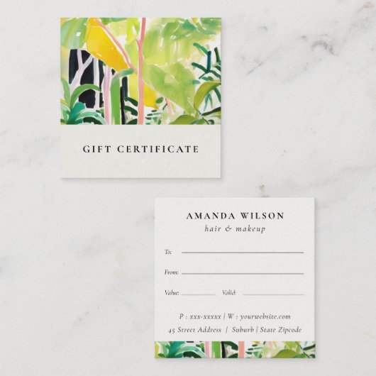 Boho Tropical Foliage Botanical Gift Certificate Vierkante Visitekaartje (Voorkant / Achterkant)