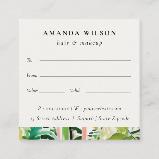 Boho Tropical Foliage Botanical Gift Certificate Vierkante Visitekaartje (Achterkant)