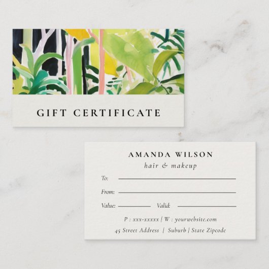 Boho Tropical Foliage Botanical Gift Certificate Visitekaartje (Voorkant / Achterkant)