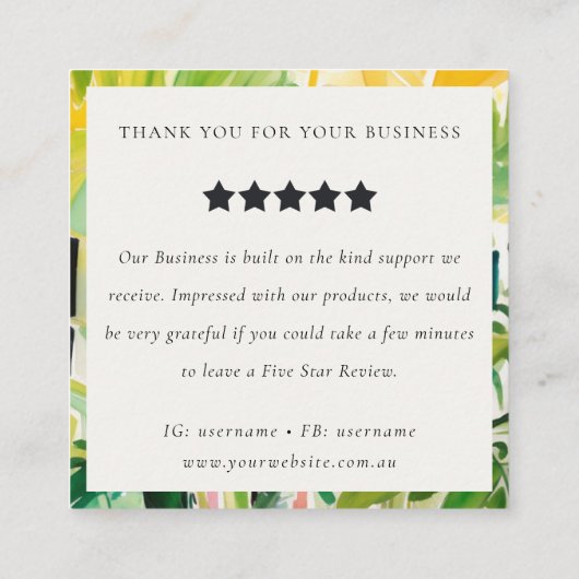 Boho Tropical Foliage Botanical Review Request Vierkante Visitekaartje (Achterkant)