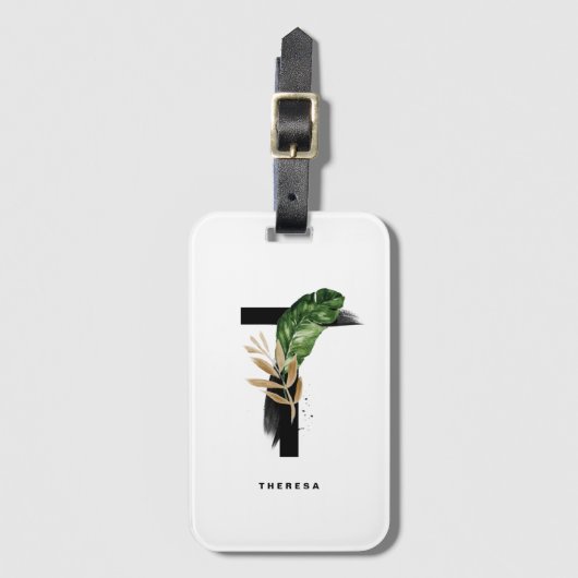 Boho Tropical Foliage Letter T Monogram Bridesmaid Bagagelabel (Voorkant (verticaal))