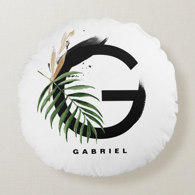 Boho Tropical Greenery Letter G Monogram Rond Kussen (Voorkant)