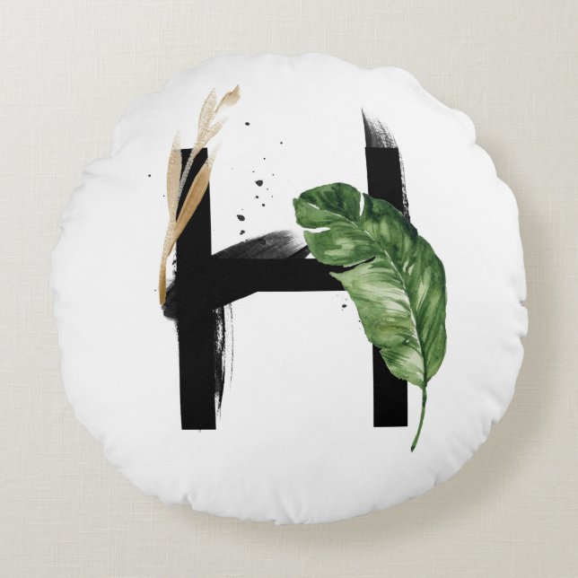 Boho Tropical Greenery Letter H Monogram Rond Kussen (Voorkant)