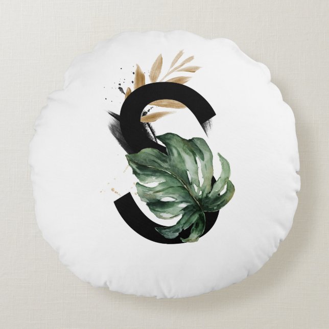 Boho Tropical Greenery Letter S Monogram Rond Kussen (Voorkant)