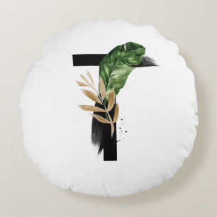 Boho Tropical Greenery Letter T Monogram Rond Kussen
