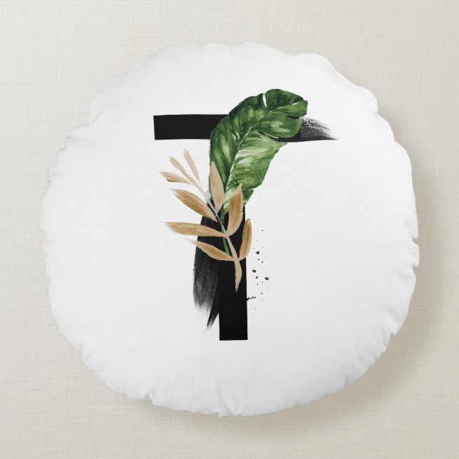 Boho Tropical Greenery Letter T Monogram Rond Kussen (Voorkant)