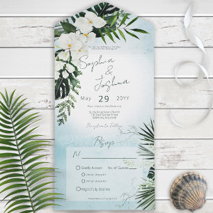 Boho Tropical Greenery Modern Aqua Dinner All In One Uitnodiging