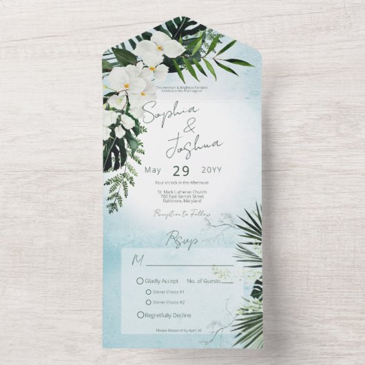Boho Tropical Greenery Modern Aqua Dinner All In One Uitnodiging (Binnen)