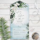Boho Tropical Greenery Modern Aqua No Dinner All In One Uitnodiging