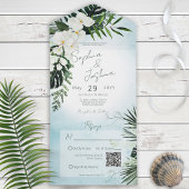 Boho Tropical Greenery Modern Aqua QR Code All In One Uitnodiging