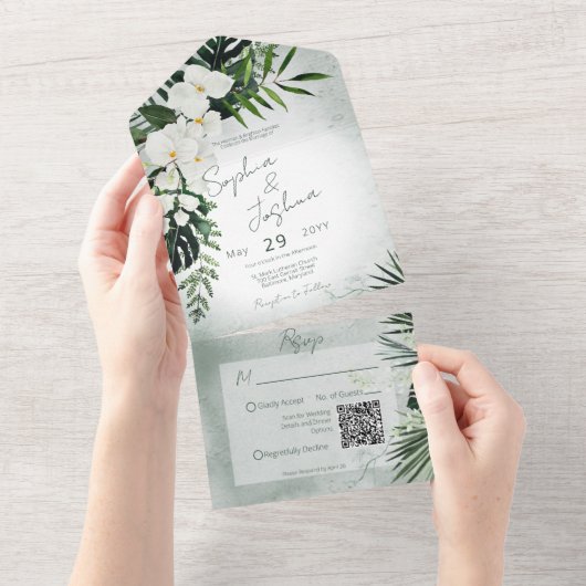 Boho Tropical Greenery Modern Green QR Code All In One Uitnodiging (Afscheurbaar)