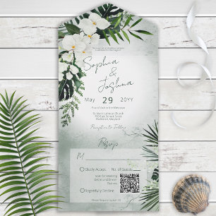 Boho Tropical Greenery Modern Green QR Code All In One Uitnodiging