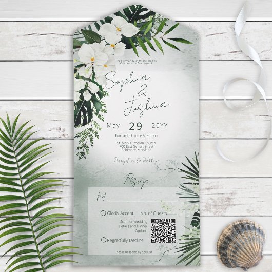 Boho Tropical Greenery Modern Green QR Code All In One Uitnodiging