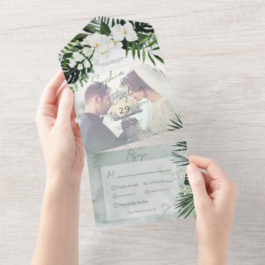 Boho Tropical Greenery Modern Photo Dinner All In One Uitnodiging (Afscheurbaar)