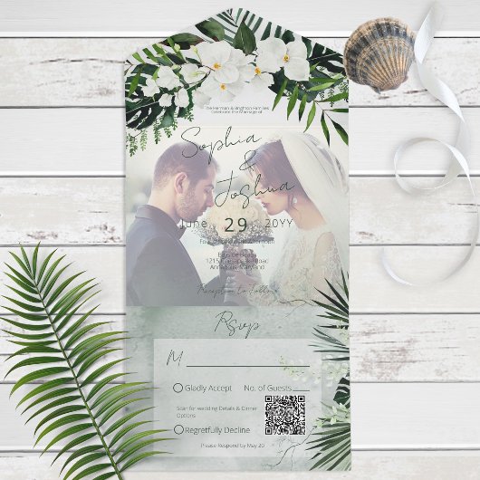 Boho Tropical Greenery Modern Photo QR Code All In One Uitnodiging