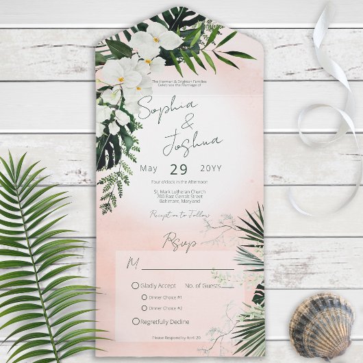 Boho Tropical Greenery Modern Pink Blush Dinner All In One Uitnodiging