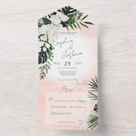 Boho Tropical Greenery Modern Pink Blush No Dinner All In One Uitnodiging (Binnen)