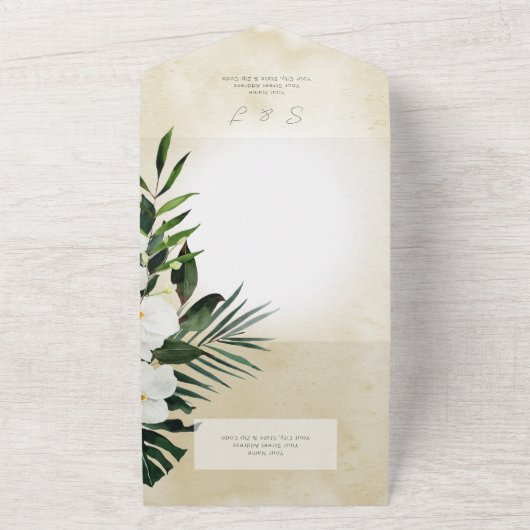 Boho Tropical Greenery Modern Sand Dinner All In One Uitnodiging (Buitenkant)