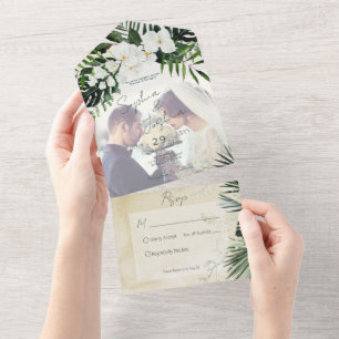 Boho Tropical Greenery Modern Zand Foto CUSTOM All In One Uitnodiging
