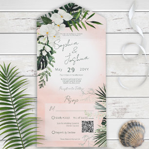 Boho Tropical Greenery Pink Blush QR Code All In One Uitnodiging