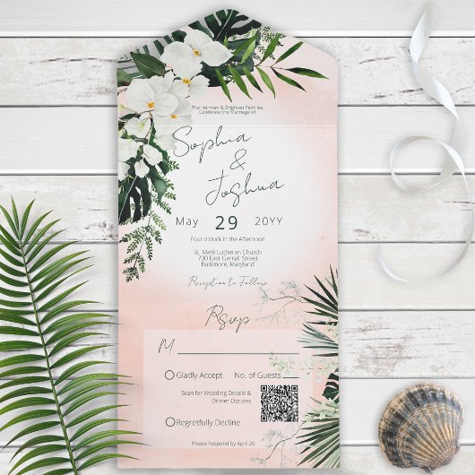 Boho Tropical Greenery Pink Blush QR Code All In One Uitnodiging