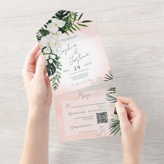 Boho Tropical Greenery Pink Blush QR Code All In One Uitnodiging (Afscheurbaar)