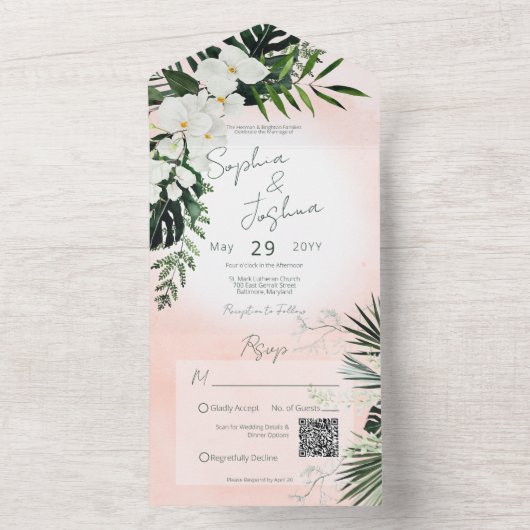 Boho Tropical Greenery Pink Blush QR Code All In One Uitnodiging (Binnen)