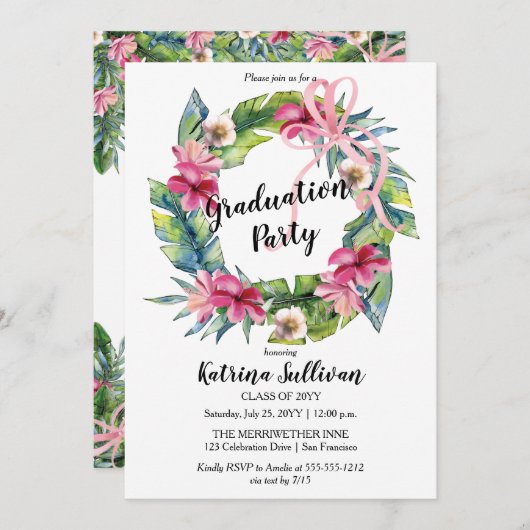 Boho Tropical Leaves | Floral Graduy Party Kaart (Voorkant / Achterkant)