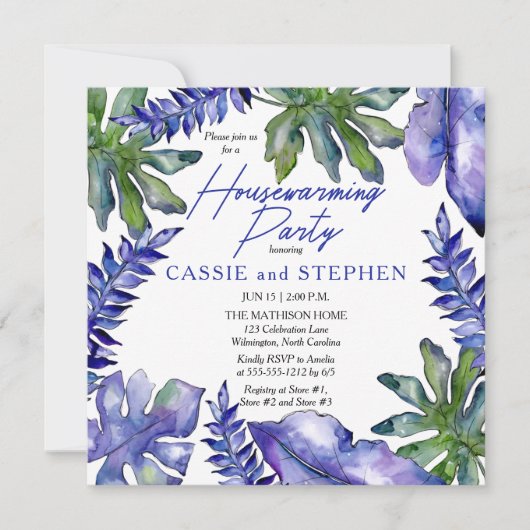 Boho Tropical Leaves Paarse Housewarming Party Kaart (Voorkant)