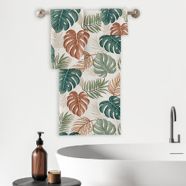 Boho Tropical Leaves Patroon Rust Groen Beige Bad Handdoek