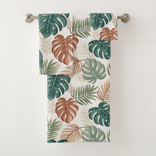 Boho Tropical Leaves Pattern Rust Green Beige Bad Handdoek (Insitu)