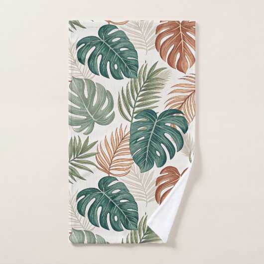 Boho Tropical Leaves Pattern Rust Green Beige Bad Handdoek (Handdoek)