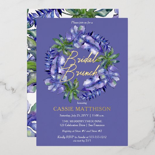 Boho Tropical Leaves Peri | Groene Bridal Brunch Folie Uitnodiging (Voorkant / Achterkant)